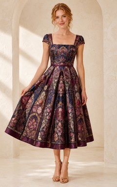 Burgundy Stained Glass Square Neck Fit Flare Midi Dress