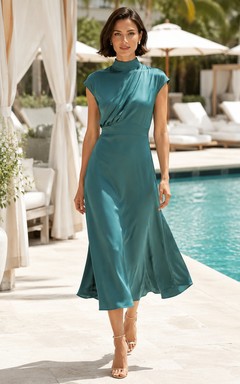 Peacock High Neck Cap Sleeve Satin Midi Guest Dress