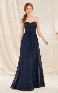 Navy strapless lace bodice chiffon floor length A-line dress