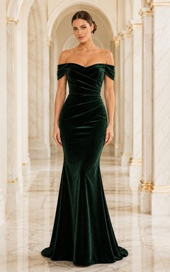 Luxury Dark Green Off Shoulder Long Sleeve Mermaid Velvet Dress