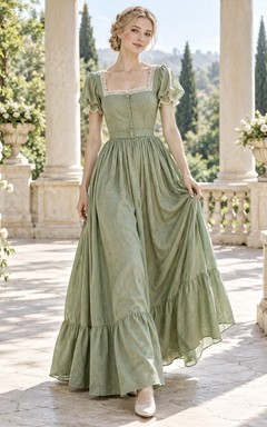 Victorian Modest Sage Square Neck Puff Sleeve Full Skirt Dress