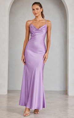 Lavender Spaghetti Strap Cowl Neck Satin Sheath Floor-Length Evening Dress