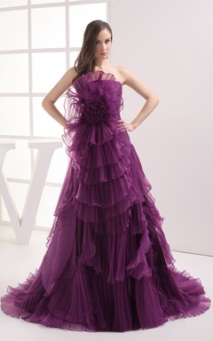 Floral A-Line Ruched Sweep Train and Gown With Tiers