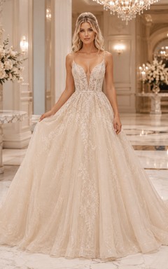 Robe de bal en dentelle florale rose poudré à fines bretelles et col en V, robe de mariée de luxe avec traîne chapelle