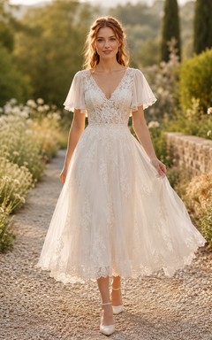 Vintage Lace Tulle Wedding Dress A-Line V-Neck Short Sleeve Tea Length Bridal Gown