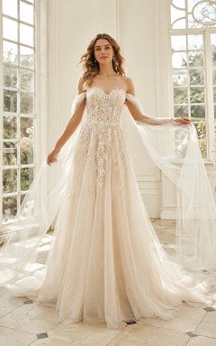 Robe de mariée de luxe en dentelle florale, épaules dénudées, manches longues, coupe trapèze, traîne chapelle, style A, en dentelle florale, luxueuse