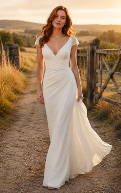 Vestido de novia sencillo de corte recto con escote en V y espalda descubierta.