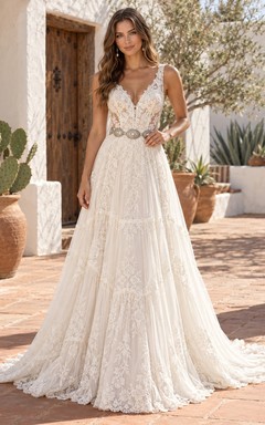 Boho Western Rustic V-neck Medallion Waist Lace A-line Wedding Dress