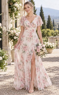 Vestido de dama de honor largo hasta el suelo, corte A, con mangas acampanadas, escote en V, abertura lateral y estampado floral rosa rubor.