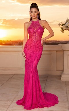 Fuchsia High Neck Lace Beaded Illusion Mermaid Sweep Luxury Gown