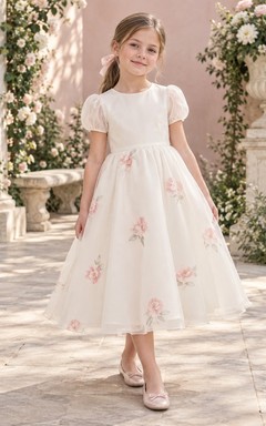 Modest Ivory Tea-length Jewel Short Sheer Puff Sleeves Sparse Floral-Print Gathered Organza A-line Flowergirl Dress