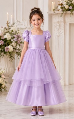 Lavender Tea-Length A-Line Satin Flower Girl Dress with Ruffles