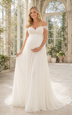 Robe de mariée romantique en mousseline, style empire jardin, longue jusqu'au sol, épaules dénudées et manches courtes, pour maternité