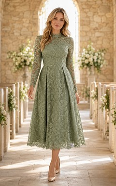 Sage High Neck Lace Long Sleeve Religious Guest Midi Dress