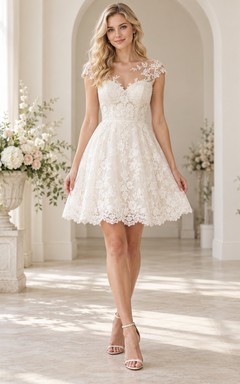 Short Cap Sleeve Illusion Neck Scalloped Lace A-line Wedding Dress