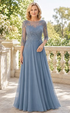 Stahlblaues A-Linien-Kleid mit Illusionsspitze und langen Ärmeln