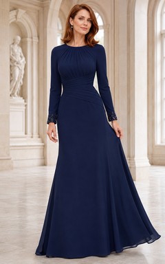 Navy Jewel Neck Long Sleeve Chiffon A Line Formal Dress