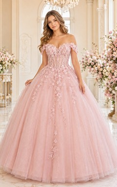 Blush Off Shoulder Floral Tulle Ball Gown Quinceanera Formal Reception Dress