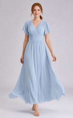 Light Blue Chiffon Flutter Sleeve Empire Waist Formal Gown