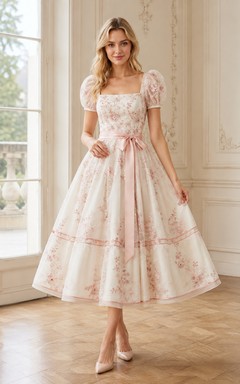 Robe vintage crème à imprimé floral, manches bouffantes, plissée, coupe trapèze, longueur thé