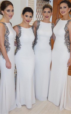 Modern Jewel Appliques Mermaid Champagne Bridesmaid Dress Sweep Train