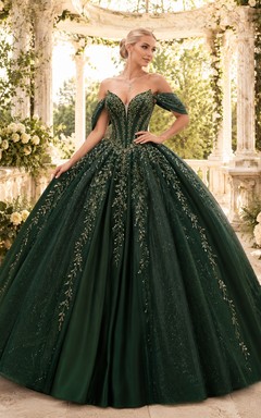 Dark Green Off-Shoulder Beaded Vine-Applique Tulle Ball-Gown Quinceanera Dress Luxury
