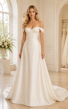 Brautkleid aus Satin, A-Linie, schulterfrei, kurze Ärmel, Schleppe