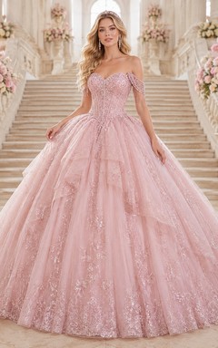 Robe de bal de princesse rose poudré luxueuse à épaules dénudées, franges de cristaux et paillettes pour quinceañera