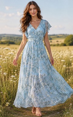 Blue Vine Print V-Neck Flutter Sleeve Maxi Dress