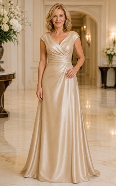 Champagnerfarbenes Satin-Kleid in A-Linie mit V-Ausschnitt für die Mutter