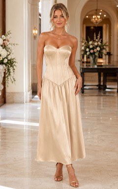Champagne Strapless Corset Drop Waist Satin Midi Guest Dress