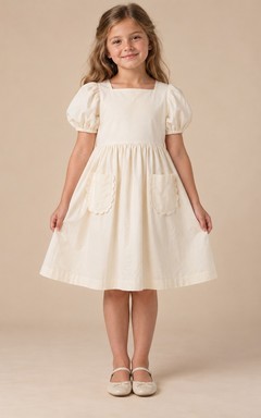Simple Cream Square-neck Short Puff Sleeves Gathered Scalloped-pocket Button-back Flower Girl Dress