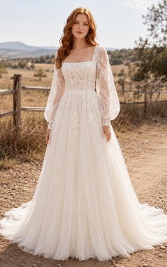 Country Lace Tulle Wedding Dress A-Line Square Neck Long Sleeve Chapel Train Bridal Gown