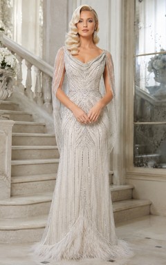 Silver Cowl Neck Sleeveless Sequin Fringe Floor Length Evening Dress