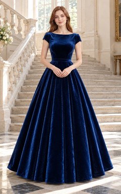 Königsblaues, elegantes A-Linien-Kleid aus Samt mit U-Boot-Ausschnitt und kurzen Ärmeln
