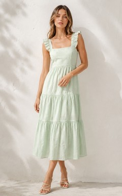 Vestido de invitada sin mangas, de largo midi, con escote cuadrado y volantes, color menta y gasa.