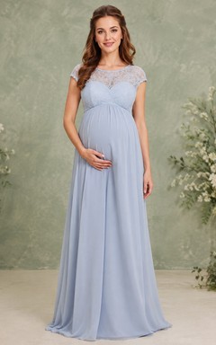 Vestido de maternidad romántico largo hasta el suelo, de encaje, con cuello cuadrado y mangas cortas, color azul pizarra.