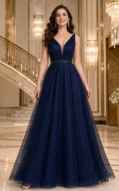 Dark Navy V-Neck Tulle A-Line Floor Length Formal Dress