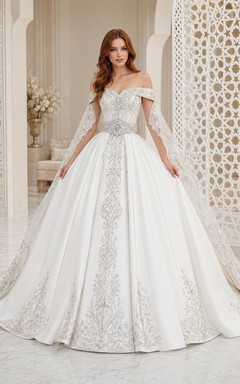Robe de bal orientale de princesse, épaules dénudées, manches longues en dentelle, robe de mariée cathédrale