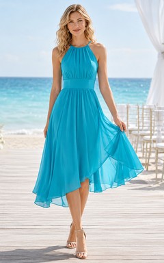 Turquoise High Halter Chiffon High Low Midi Guest Dress