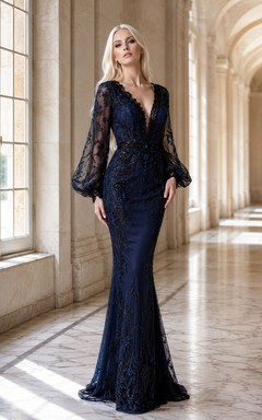 Dark Navy Gothic V-Neck Bell-Sleeve Lace Mermaid Floor Evening Gown