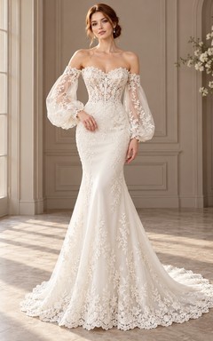 Mermaid Off Shoulder Balloon Sleeve Fine Floral Lace Wedding Dress