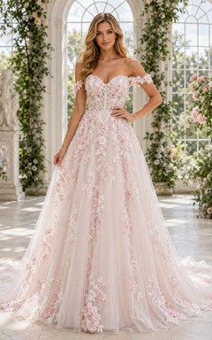 Rosafarbenes, schulterfreies, kurzärmeliges Brautkleid aus Spitze in A-Linie mit Schleppe für eine Gartenhochzeit