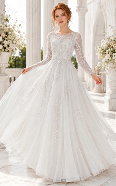 Romantic Bridal Lace Off-the-shoulder Long Sleeve Ball Gown Chapel Train