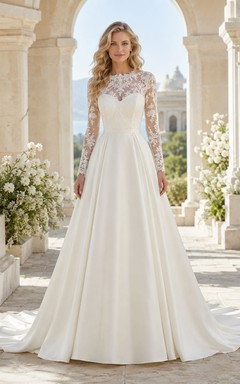 Elegantes Brautkleid mit langen Ärmeln, Spitzenbesatz, Muschelkanten, A-Linien-Schleppe und Kapellenschleppe