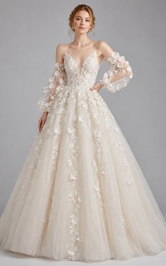 Detachable Floral Sleeve Tulle Ball Gown Studio Bridal Dress