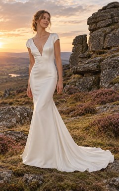 Vestido de novia sencillo de satén con escote en V, manga corta y cola de sirena.