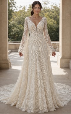 Vestido de novia bohemio de corte A con escote en V y mangas largas, estampado paisley y campana.