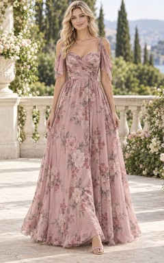 Dusty Rose Floral Print Removable Shoulder Drape Square-Neck Floor-Length Chiffon Bridesmaid Dress