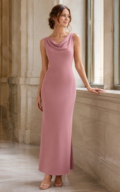 Courthouse Cocktail Dusty Rose Simple Elegant Modern Sheath Satin Bridesmaid Dress with Cowl Neck Sleeveless Tea-Length Draped Zipper Back